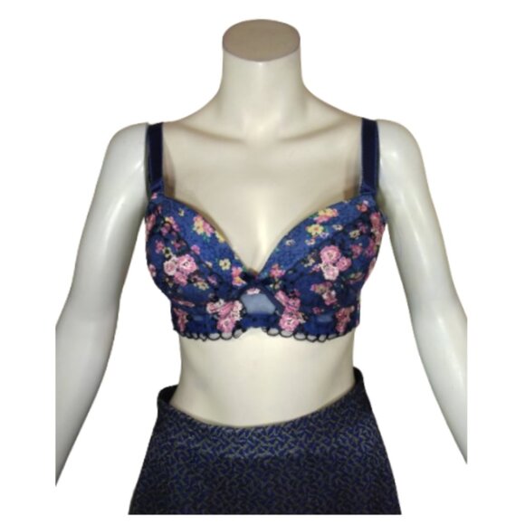 Women Blue Push-up Bra with Lace, Pink Flowers, and removable padding - Picture 1 of 1
